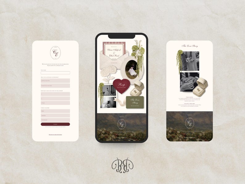 May include: Three digital mobile phone screens displaying a wedding website interface. The screens feature a form, a collage of wedding stationery, photos, a ring box, and a love story section with text, all presented in a neutral color palette.