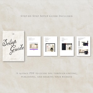 May include: A 14-page PDF setup guide featuring a cover page with the text Setup Guide and four interior pages displaying instructional steps, screenshots, and diagrams for editing, publishing, and sharing a website, with a Canva logo in the corner.