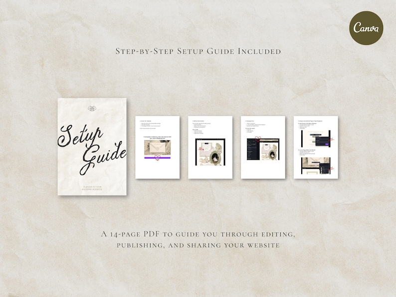 May include: A 14-page PDF setup guide featuring a cover page with the text Setup Guide and four interior pages displaying instructional steps, screenshots, and diagrams for editing, publishing, and sharing a website, with a Canva logo in the corner.