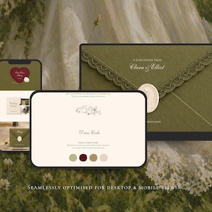 May include: A digital wedding invitation suite displayed on a smartphone, a tablet, and a laptop screen. The design features an olive green envelope with lace trim and a wax seal, alongside a cream-colored card with a car illustration and text.