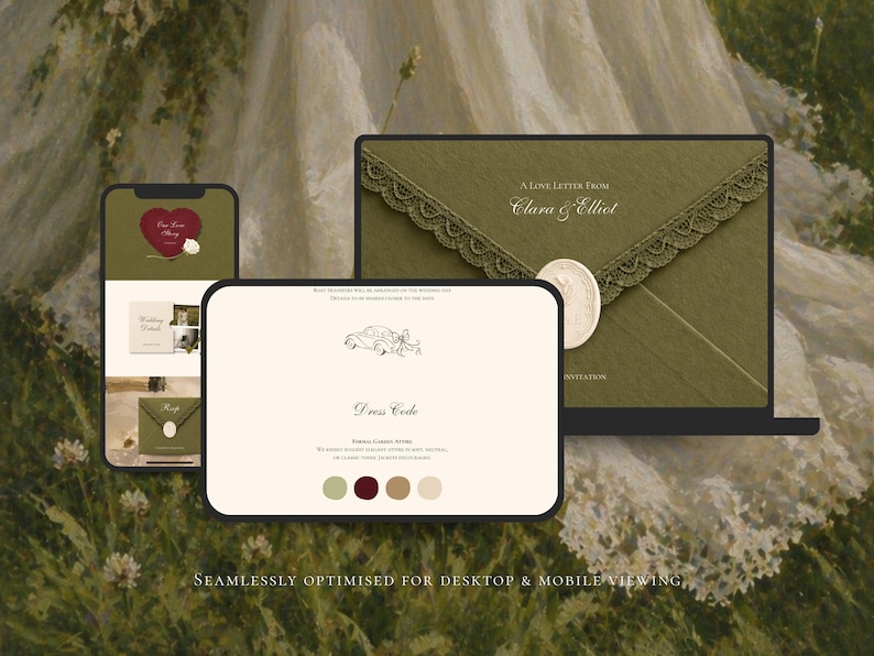 May include: A digital wedding invitation suite displayed on a smartphone, a tablet, and a laptop screen. The design features an olive green envelope with lace trim and a wax seal, alongside a cream-colored card with a car illustration and text.