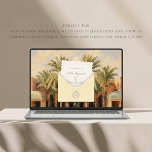 May include: A laptop screen displaying a digital invitation with a cream-colored envelope, a wax seal, and a scalloped-edge card featuring the text Leila Azzouzi & Oliver Sinclair, set against a background of palm trees and architecture.