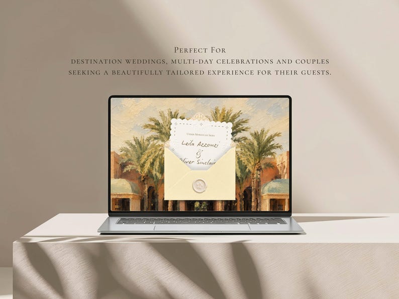 May include: A laptop screen displaying a digital invitation with a cream-colored envelope, a wax seal, and a scalloped-edge card featuring the text Leila Azzouzi & Oliver Sinclair, set against a background of palm trees and architecture.