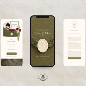 May include: Three mobile phone screens displaying a digital wedding invitation suite. The designs feature olive green envelopes, cream-coloured wax seals with floral motifs, elegant serif typography, and a guest RSVP form with a dark green submit button.