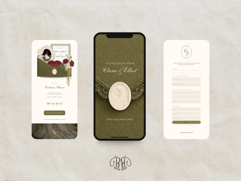 May include: Three mobile phone screens displaying a digital wedding invitation suite. The designs feature olive green envelopes, cream-coloured wax seals with floral motifs, elegant serif typography, and a guest RSVP form with a dark green submit button.