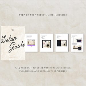 Puede incluir: Un documento de gu&iacute;a de configuraci&oacute;n en PDF de 14 p&aacute;ginas que presenta una portada con el texto Setup Guide y cuatro p&aacute;ginas interiores m&aacute;s peque&ntilde;as que muestran diagramas instructivos y texto para editar, publicar y compartir un sitio web, sobre un fondo texturizado.