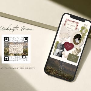 May include: A smartphone displaying a wedding website demo with a collage of cream, burgundy, and green stationery, floral accents, and photos. To the left, a square QR code is presented with the text Website Demo and Scan to preview the website.