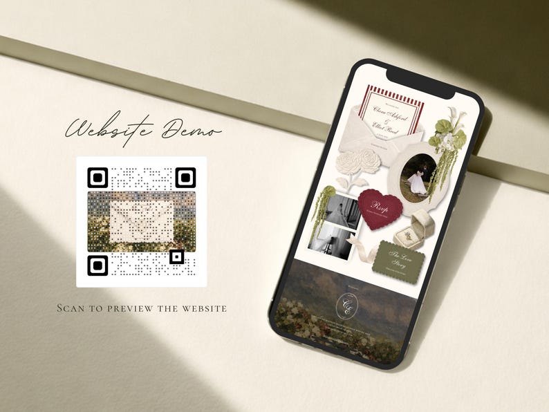 May include: A smartphone displaying a wedding website demo with a collage of cream, burgundy, and green stationery, floral accents, and photos. To the left, a square QR code is presented with the text Website Demo and Scan to preview the website.