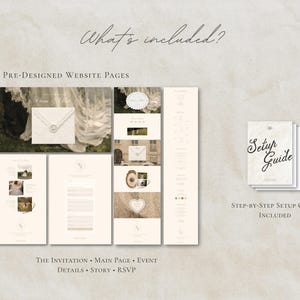 Puede incluir: Un conjunto de plantillas de sitio web con 5 p&aacute;ginas predise&ntilde;adas etiquetadas como The Invitation, Main Page, Event Details, Story y RSVP. El conjunto incluye una gu&iacute;a de configuraci&oacute;n paso a paso con el texto Setup Guide en la portada.