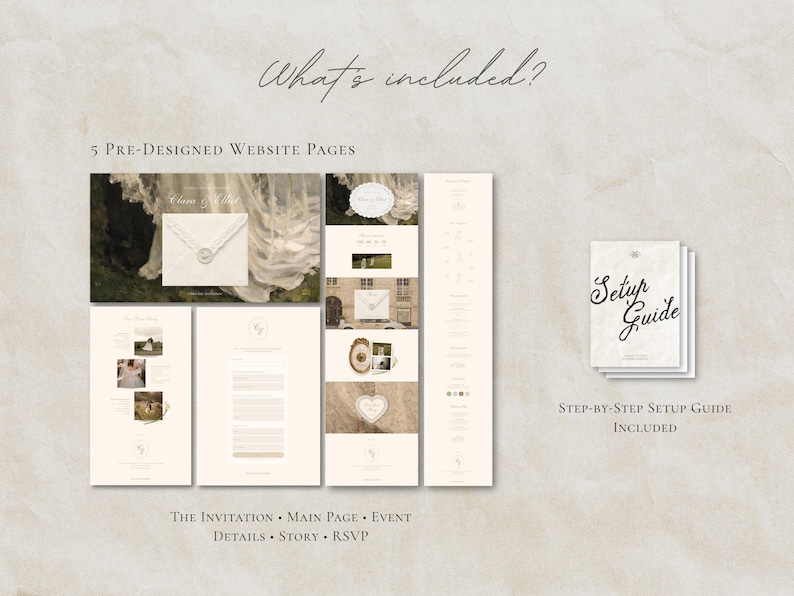 Puede incluir: Un conjunto de plantillas de sitio web con 5 p&aacute;ginas predise&ntilde;adas etiquetadas como The Invitation, Main Page, Event Details, Story y RSVP. El conjunto incluye una gu&iacute;a de configuraci&oacute;n paso a paso con el texto Setup Guide en la portada.