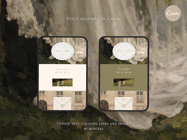 Puede incluir: Dos plantillas digitales de invitaci&oacute;n de boda mostradas en pantallas m&oacute;viles, con un marco circular festoneado con el texto 'Clara & Elliot', un temporizador de cuenta regresiva, una peque&ntilde;a fotograf&iacute;a y un icono de sobre sobre un fondo pintado.