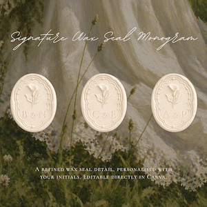 May include: Three oval-shaped cream-colored wax seals featuring a calla lily illustration and initials B & N, C & E, and A & P. The text Signature Wax Seal Monogram and A REFINED WAX SEAL DETAIL, PERSONALISED WITH YOUR INITIALS. EDITABLE DIRECTLY IN CANVA. appears.
