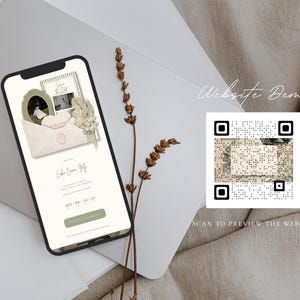 May include: A smartphone displays a website demo with a wedding theme. The screen shows an invitation design with photos, floral accents, and the text "Save the Date." A QR code and the text "Scan to preview the website" are also visible.