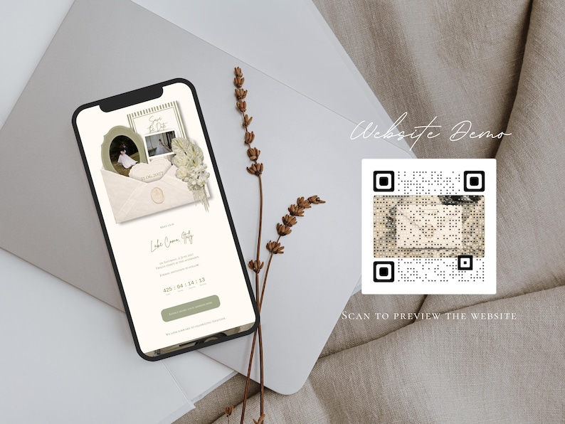 May include: A smartphone displays a website demo with a wedding theme. The screen shows an invitation design with photos, floral accents, and the text "Save the Date." A QR code and the text "Scan to preview the website" are also visible.