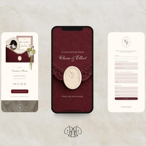May include: Three mobile phone screens displaying a digital wedding invitation suite. The design features a deep burgundy color palette, cream-colored accents, lace details, and a wax seal motif with the text A Love Letter From Clara & Elliot.
