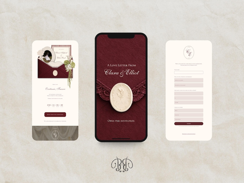 May include: Three mobile phone screens displaying a digital wedding invitation suite. The design features a deep burgundy color palette, cream-colored accents, lace details, and a wax seal motif with the text A Love Letter From Clara & Elliot.