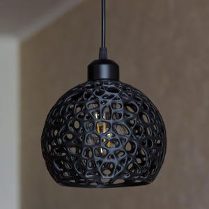 Puede incluir: Una lámpara colgante negra con una pantalla esférica que presenta un patrón intrincado, orgánico y similar a una red. La lámpara cuelga de un cable negro y se puede ver una bombilla dentro de la estructura hueca y porosa del domo.