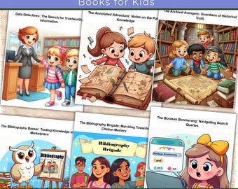 May include: A collage of colorful illustrations depicting children learning about research and information literacy. The illustrations feature children in a library, searching for information, and using a computer. The text on the images includes titles such as "Data Detectives", "The Annotated Adventure", "The Archival Avengers", "The Bibliography Bazaar", "The Bibliography Brigade", and "The Boolean Boomerang".
