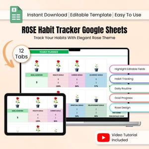 ROSE Habit Tracker Google Sheets Ästhetischer Täglicher Habit Tracker Zielplaner Routine Produktivität Blatt