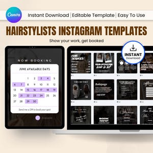 May include: Digital Instagram templates for hairstylists, displayed on a laptop and tablet, showcasing hair service promotions and booking details. The templates include text such as "Hair Services", "Balayage", and "Book Now!"
