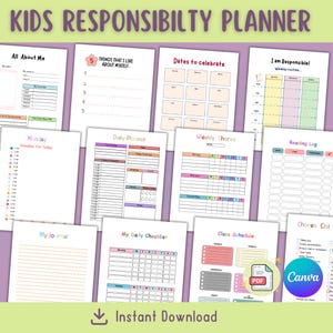 May include: A printable planner for kids with colorful pages and sections for daily activities, chores, reading logs, and more. The planner includes titles like "All About Me", "Things That I Like About Myself", "Dates to Celebrate", "I Am Responsible", "Monday", "Weekly Chores", "Reading Log", "Daily Planner", "My Journal", "My Daily Checklist", "Class Schedule", and "Chores List".