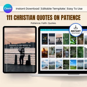 May include: A digital product template titled "111 Christian Quotes on Patience." The image shows a tablet and a laptop displaying the template. The tablet shows a quote about patience. The laptop displays multiple quote examples. The Canva logo is visible.