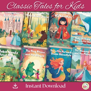 Pode incluir: Uma coleção de oito capas de livros infantis ilustradas com contos de fadas clássicos. As capas são coloridas e apresentam personagens das histórias, como Cinderela, Chapeuzinho Vermelho e o Príncipe Sapo. O texto nas capas inclui os títulos das histórias e as palavras "Contos clássicos para crianças".