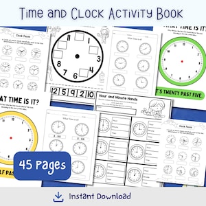 Time and Clock Activity Book | Printable Telling Time Worksheets for Kids | Learn to Read Clocks | Homeschool & Classroom Learning | PreK