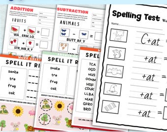 May include: A printable worksheet for kids to practice spelling words. The worksheet features a spelling test with the word "cat" and different variations of the word. The worksheet also includes a section for kids to identify pictures and circle the corresponding word.