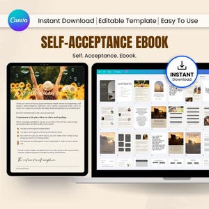 May include: A digital self-acceptance ebook template displayed on a tablet and laptop. The ebook cover features a person in a sunflower field. The laptop screen shows the ebook's contents. Text includes "Instant Download" and "Self-Acceptance Ebook."