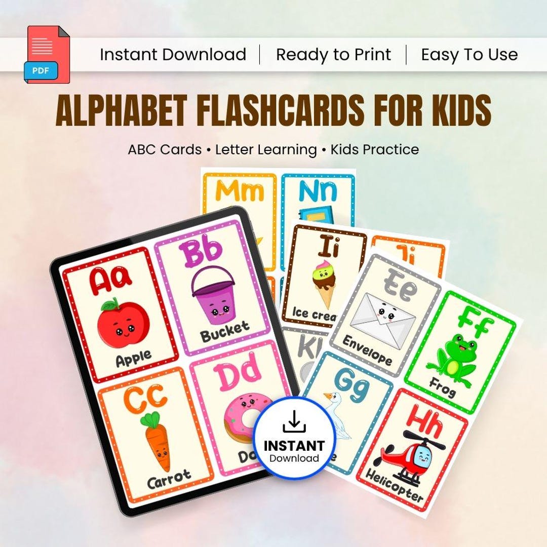 Alphabet Flashcards Kids Printable | ABC Learning Cards Preschool Set ...