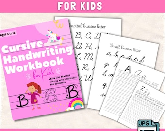 May include: A pink and white workbook cover with the title "Cursive Handwriting Workbook for Kids". The cover features a cartoon girl with a rainbow and a unicorn. The text "Learn and Practice Cursive with Confidence for Beginners" is also on the cover.