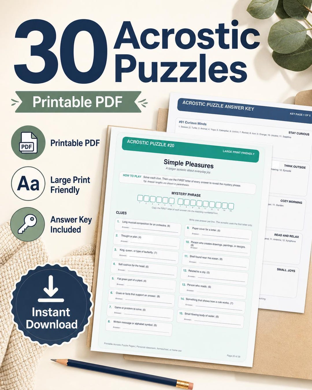 30 Acrostic Puzzles Printable PDF, Adult Word Games, Brain Teasers for Seniors, Large Print ...