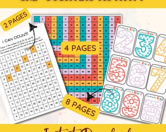 May include: Educational printable activity sheets for skip counting. The image shows multiple pages with colorful number grids and instructions. Includes 2, 4, and 8 page options. Features the text "Skip Counting Activity" and "Instant Download."