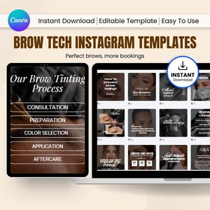 May include: Digital marketing templates for brow technicians are displayed on a laptop and tablet. The tablet shows the brow tinting process, and the laptop displays various brow-related topics. The image includes the text "Instant Download" and "Easy to Use."