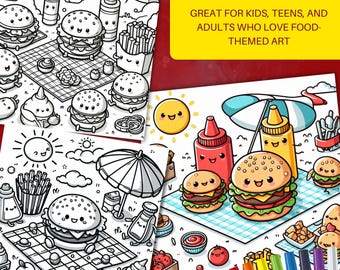 Pagine da colorare di Burger Buddies Picnic - 50 fogli stampabili a tema culinario per bambini, libro da colorare per adulti
