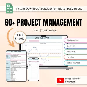 Puede incluir: Plantilla digital de gestión de proyectos con el texto "60+ PROJECT MANAGEMENT". La imagen muestra un portátil, dos smartphones y una tableta que muestran gráficos e información del proyecto. Descarga instantánea y fácil configuración.