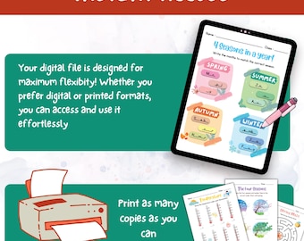 May include: A digital educational worksheet titled "4 Seasons in a year!" is displayed on a tablet. The image also shows a printer with printed worksheets, and the text "Instant Access" and "Print as many copies as you can".