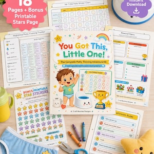 Könnte beinhalten: Ein farbenfrohes Töpfchentrainings-Set mit einem Buch mit dem Titel "You Got This, Little One!" und verschiedenen Diagrammen, Aufklebern und einem Belohnungsmenü. Enthält ein blaues Töpfchen, Buntstifte, eine Schere und ein sternförmiges Kissen.