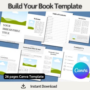 Pode incluir: Um modelo Canva para criar um livro com 26 páginas. O modelo apresenta um design de paisagem verde e azul com nuvens. O texto "Build Your Book Template" está no topo da imagem. O texto "26 pages Canva Template" está na parte inferior da imagem. O texto "Instant Download" está abaixo do modelo.