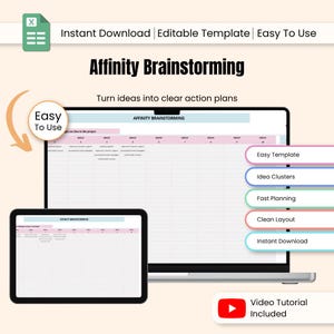 May include: A digital marketing template titled "Affinity Brainstorming" displayed on a laptop and tablet. The template includes a spreadsheet layout with pink and blue accents. Text includes "Easy to Use", "Instant Download", and "Video Tutorial Included".