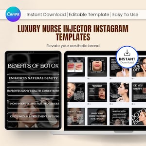 May include: Digital Instagram templates for aesthetic nurses, displayed on a laptop and tablet. The templates promote Botox treatments, highlighting benefits such as enhancing natural beauty and customisable options. The design is sleek with a black and white colour scheme.