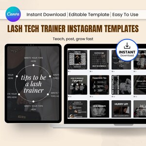 May include: Digital Instagram templates for lash tech trainers are displayed on a laptop and tablet. The image includes the text "tips to be a lash trainer", "Instant Download", and "Editable Template". The design uses a neutral colour palette with blue accents.