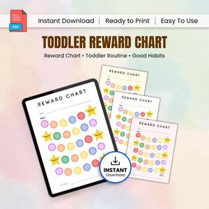 May include: A digital download featuring a toddler reward chart. The chart includes colorful circles and star shapes for tracking progress. The words "Toddler Reward Chart" are prominently displayed, along with "Instant Download."
