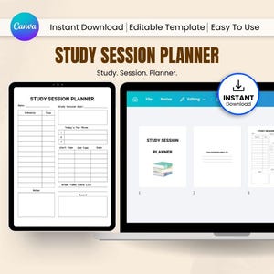 Op de afbeelding: Een digitale sjabloon voor een studiesessieplanner met een strak, minimalistisch ontwerp. De afbeelding toont een tablet en een laptop met de lay-out van de planner, inclusief secties voor planning, doelen en notities. De tekst luidt "Study Session Planner."