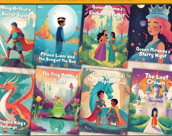 May include: A set of 8 illustrated children's books with a royalty theme. The covers feature colorful illustrations of castles, dragons, frogs, knights, and princesses. The titles include "King Arthur's Secret Sword", "Queen Emma's Enchanted Forest", "Prince Liam and the Song of the Sea", "The Frog Prince's Quest", "The Knight and the Dragon Prince", "Queen Miranda's Starry Night", "The Lost Crown", and "Dragon King's Challenge".