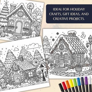 Gingerbread Village Coloring Pages 50 Holiday Cottage Printables for Kids Adults Instant Download, Adult Coloring Book