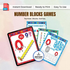 May include: A collection of colorful Number Blocks Games for children. The games feature the numbers 0-7 with fun illustrations and the text "Hello I'm Zero", "What Comes Next?", and "Color Me". The games are available as an instant download.