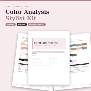 Könnte beinhalten: Ein 31-seitiges digitales Farbberatungs-Stylisten-Kit von Craftbunnies Designs. Das Dokument bietet ein professionelles Layout mit Text, Farbfeldern und Saisonprofilen. Es enthält Abschnitte für Kundenfragebögen, Garderobenplanung und Formulare.