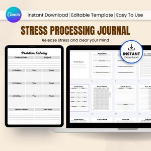May include: A digital stress processing journal template displayed on a tablet and laptop screen. The journal includes sections for problem-solving, mood tracking, and journaling. The text on the screen reads "STRESS PROCESSING JOURNAL" and "Instant Download".